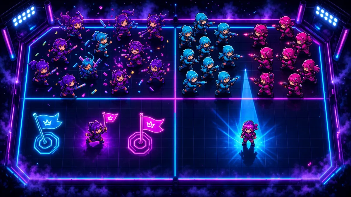 Neon arena split into four zones showing free-for-all, team battle, capture the flag, and last one standing