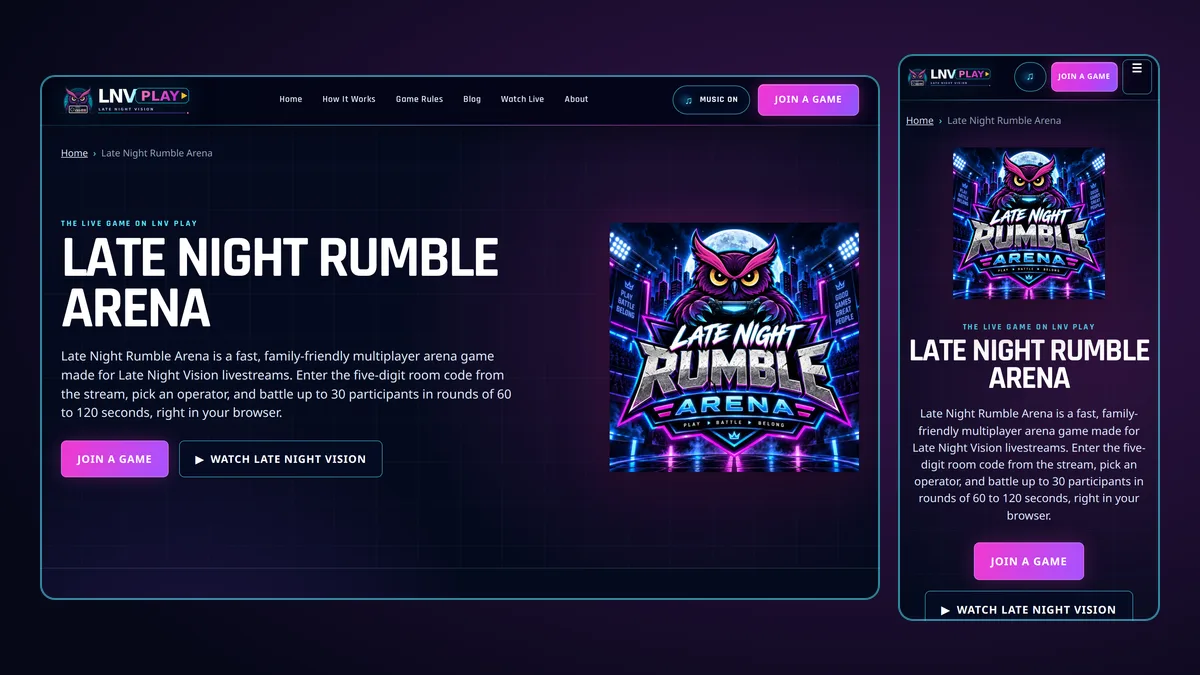 The Late Night Rumble Arena page on LNV Play open in a desktop browser and on a phone