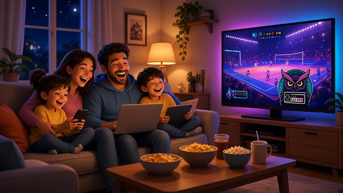 A family laughing together on a couch with a laptop, phone, and tablet while a neon game stream plays on the TV