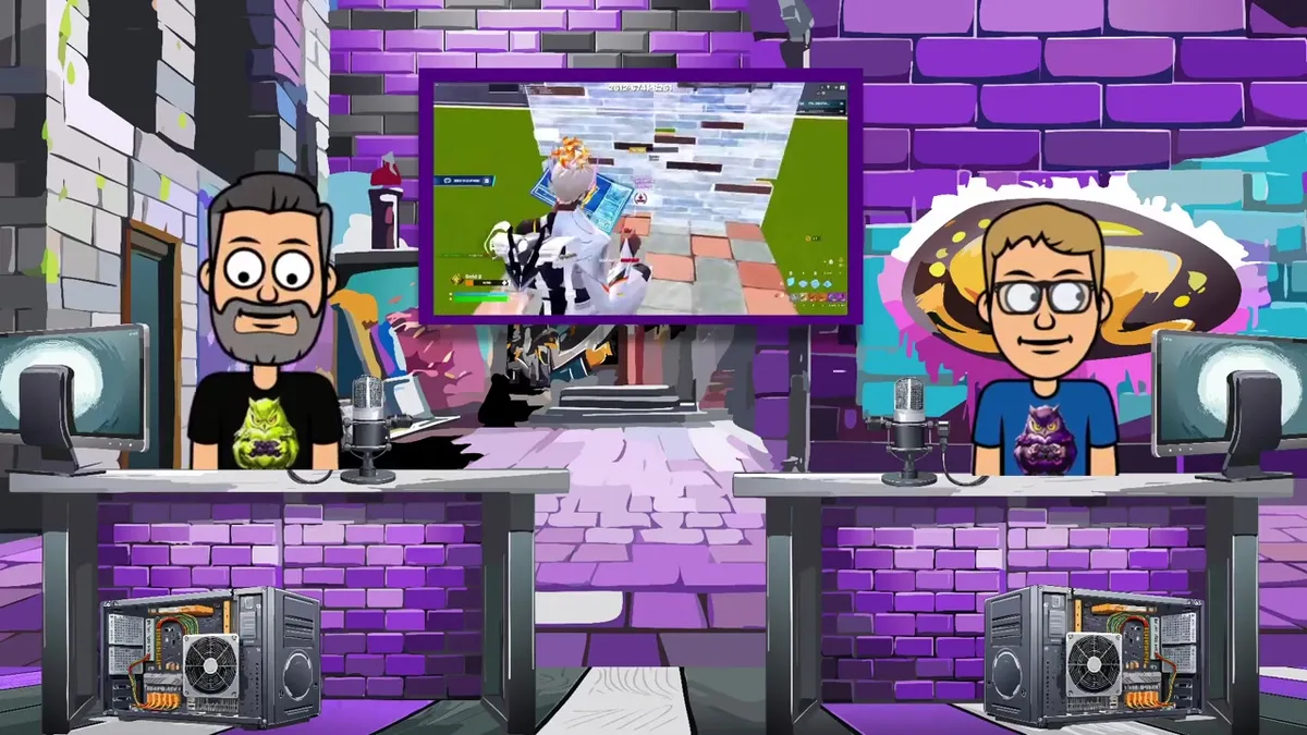 Late Night Vision hosts' cartoon avatars at the studio desk during Fortnite News and More