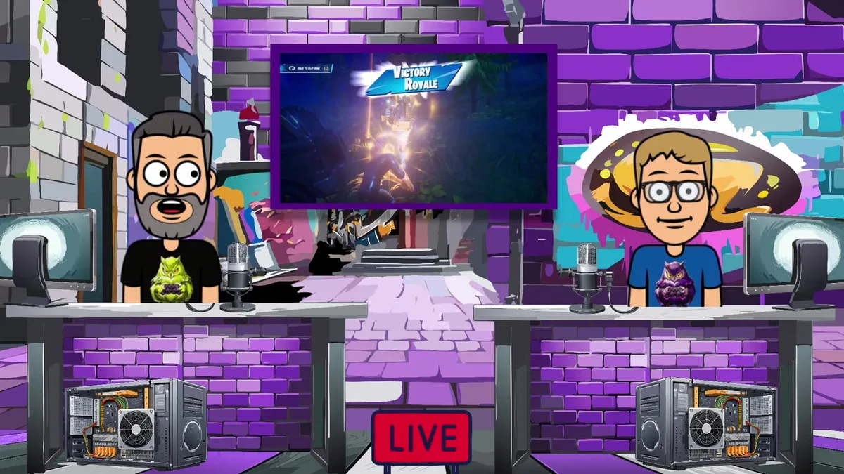 Day Vision and Night Vision cartoon avatars at their purple Late Night Vision streaming desk