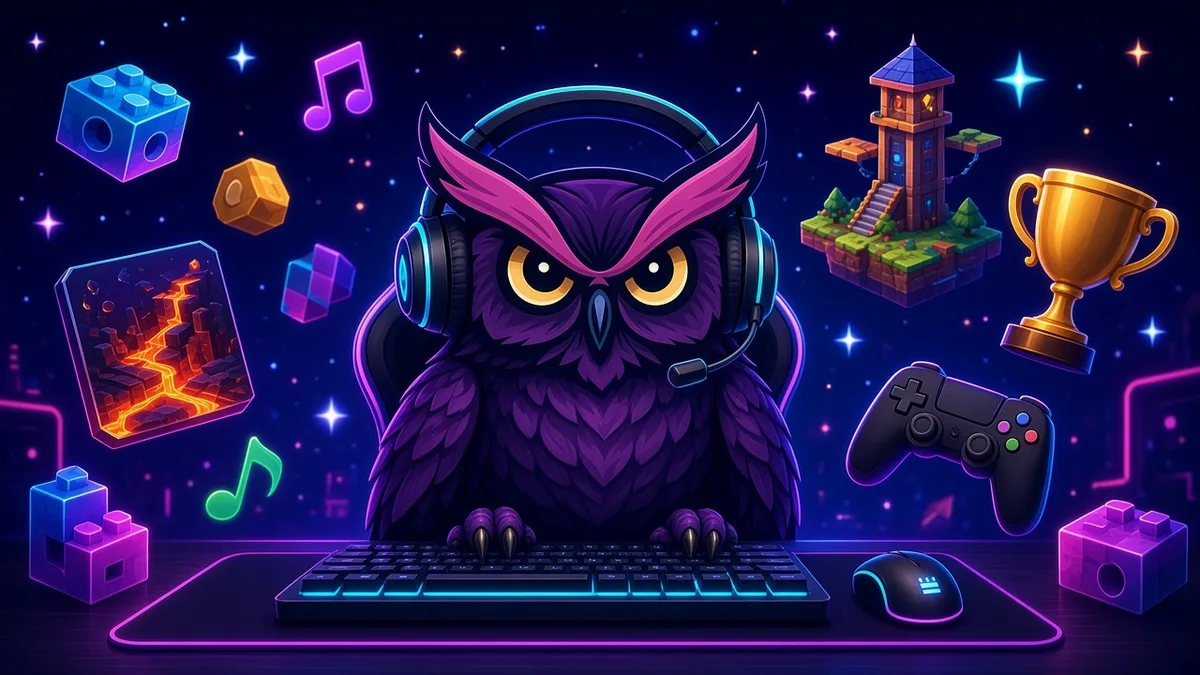 Purple owl mascot with a gaming headset surrounded by floating game icons