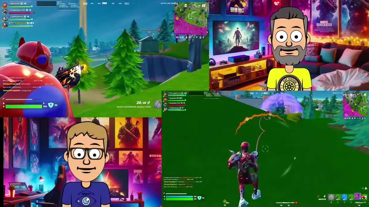 Fortnite gameplay with Day Vision and Night Vision cartoon avatars on the New Year's Eve stream layout