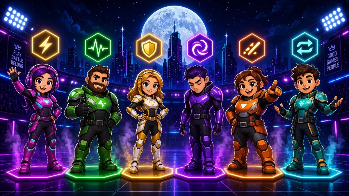 Six cartoon arena operators on glowing pads under floating special ability icons