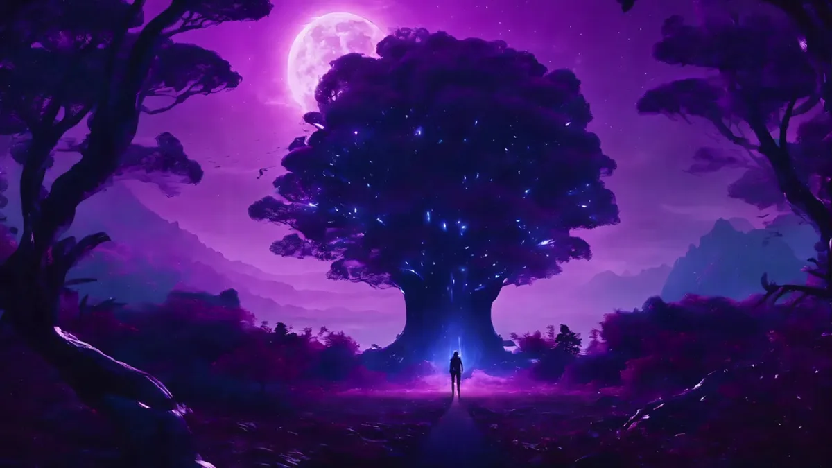 Glowing purple tree under a full moon with a lone figure, the Songs From Stream artwork