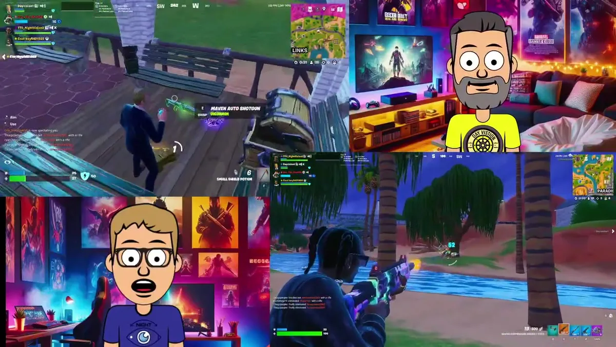 Late Night Vision stream layout with Fortnite gameplay and the hosts' cartoon avatars