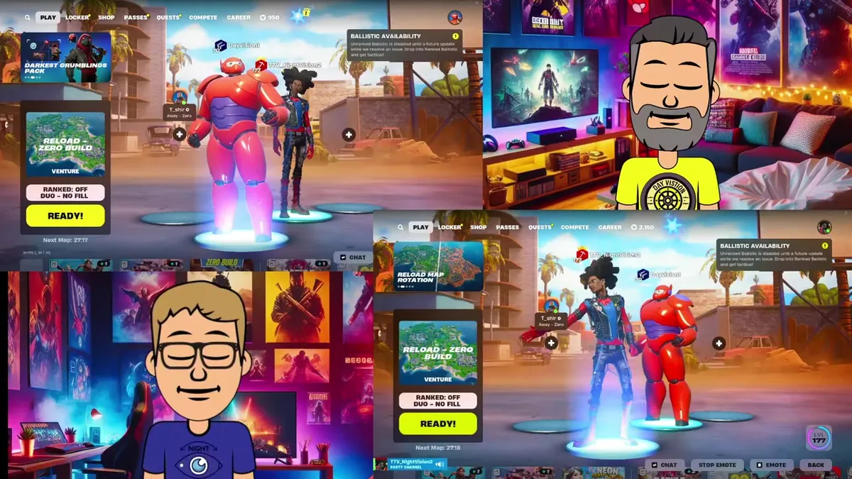 Fortnite lobby with squad members ready, beside the Late Night Vision host avatars