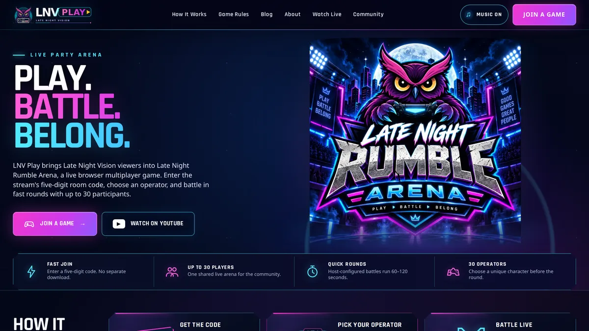 The LNV Play home page inviting Late Night Vision viewers to enter a five-digit room code and join the live game