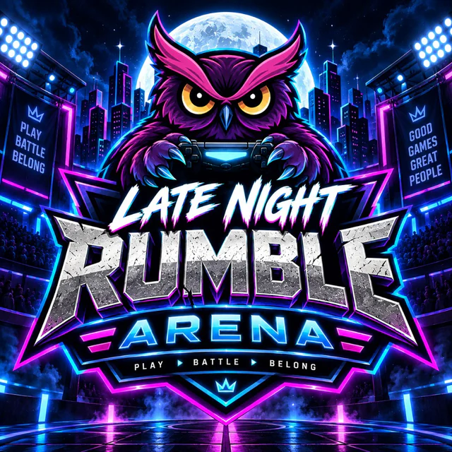 Late Night Rumble Arena owl mascot in a neon arena