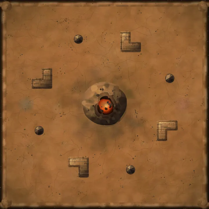 Overhead view of Cinder Caldera, a desert arena with a central volcano and pinwheel mesas