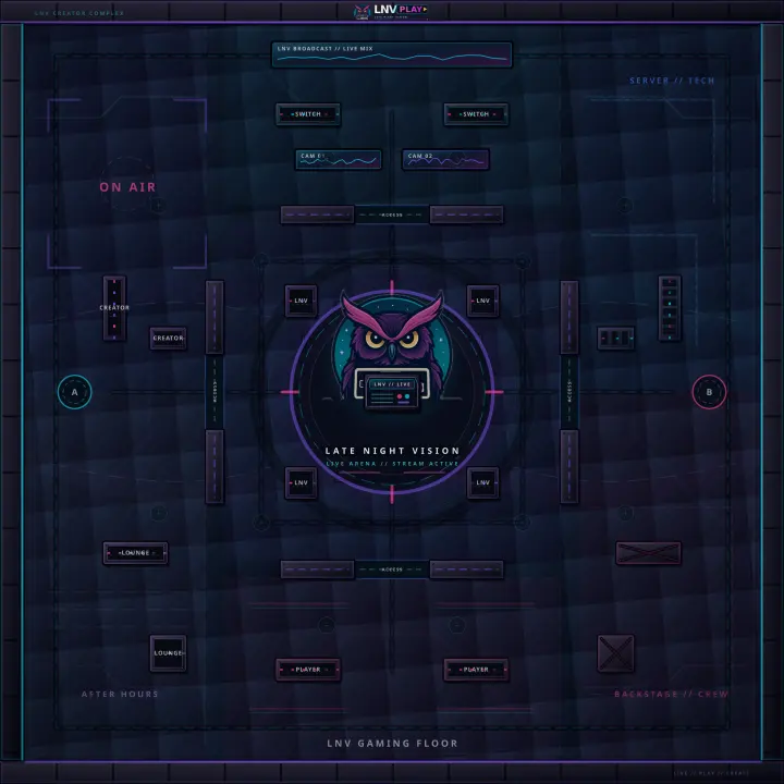 Overhead view of the Late Night Vision map, a neon broadcast complex