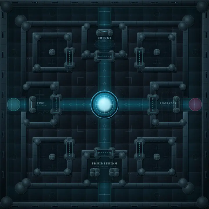 Overhead view of the Lumen Keel starship map with bridge, engineering, and a glowing drive core