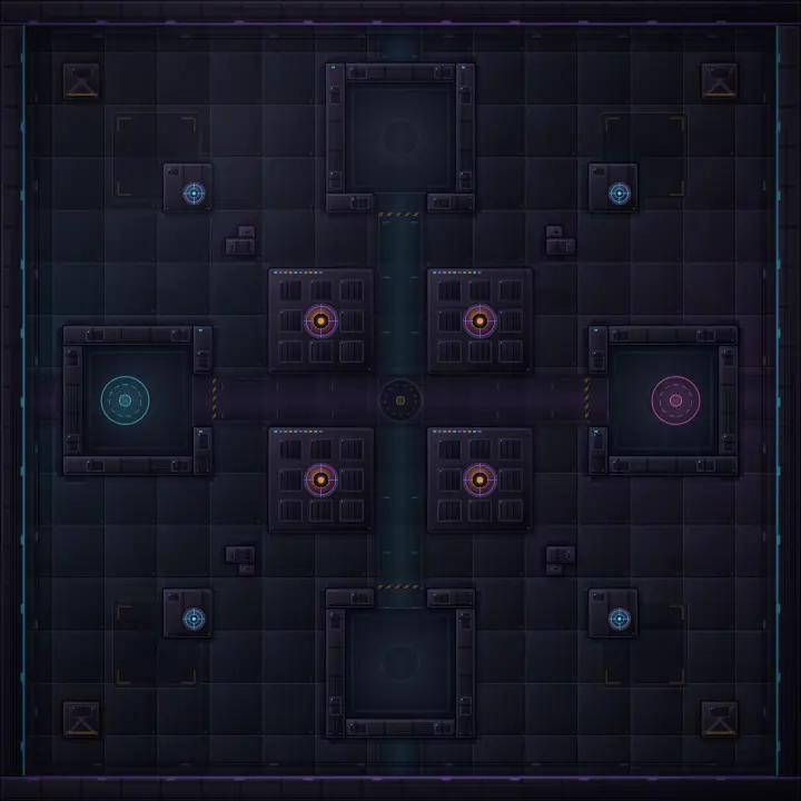 Overhead view of the Neon Circuit Yard map with painted lanes and machine rooms
